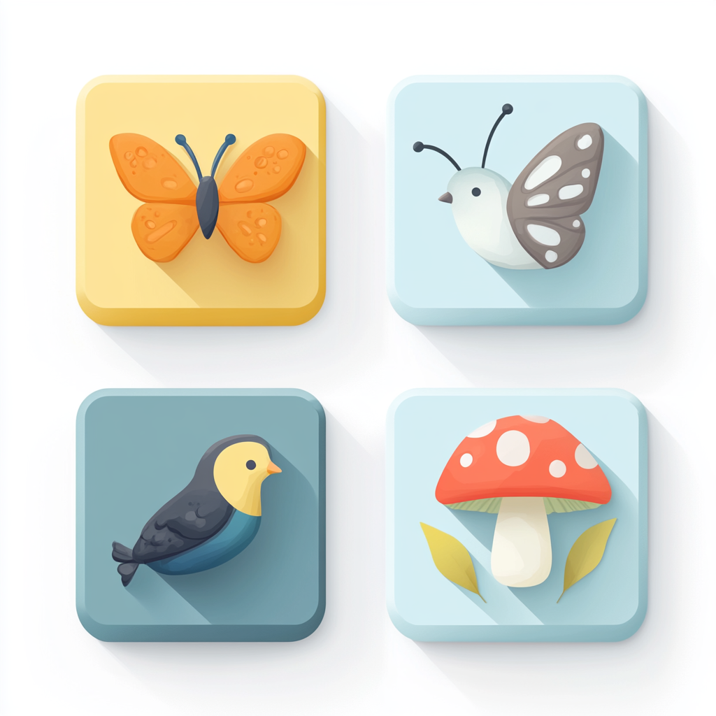 Minimalist Flat Icons: Rock, Butterfly, Bird, Mushroom