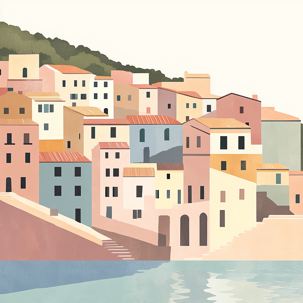 Minimalist Geometric Illustration of Bosa Village