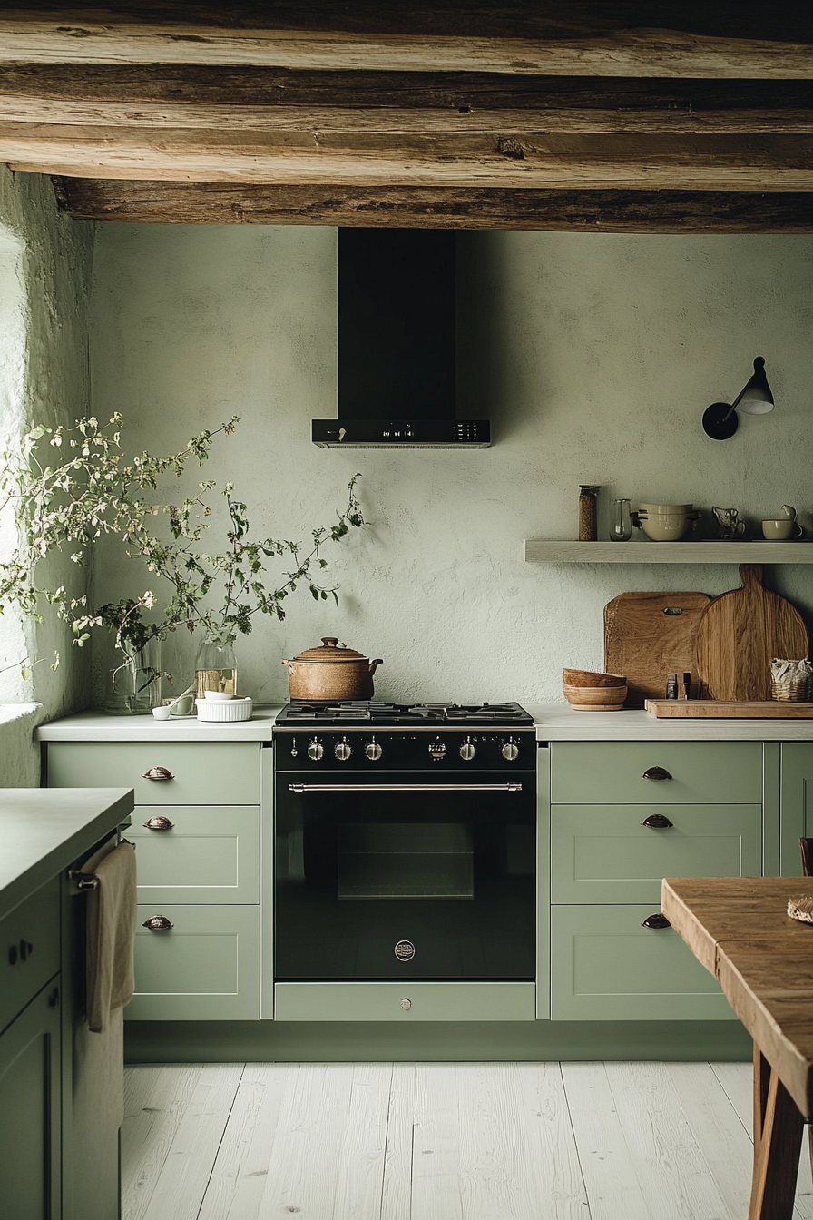 Minimalist Green Kitchen with Built-in Appliances and Natural Light