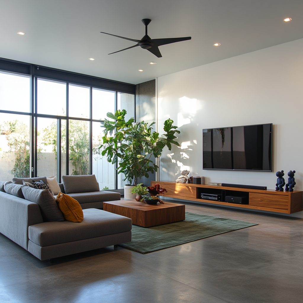 Minimalist Living Room with High Ceilings and Art