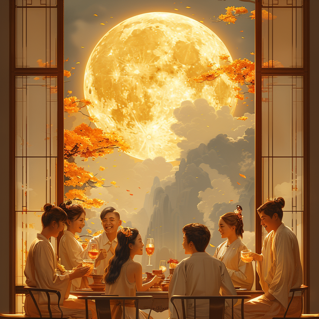 Minimalist Mid-Autumn Festival poster with Asian friends celebrating.