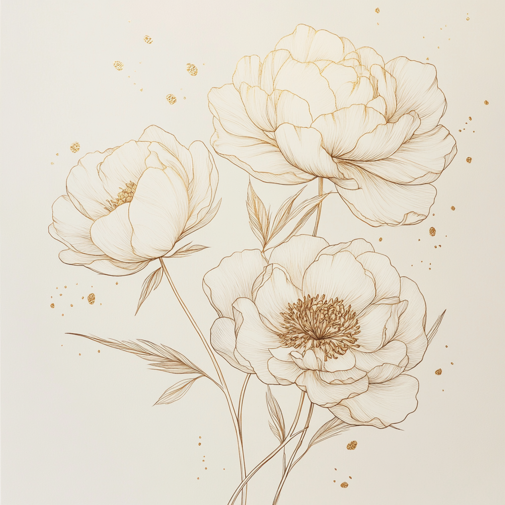 Minimalist Peony Line Drawing with Gold Accents and Crystals