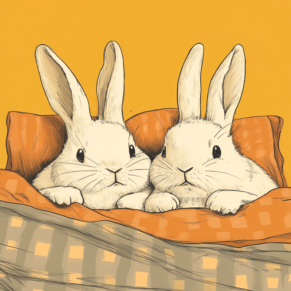 Minimalist Sharpie illustration of two bunnies in bed