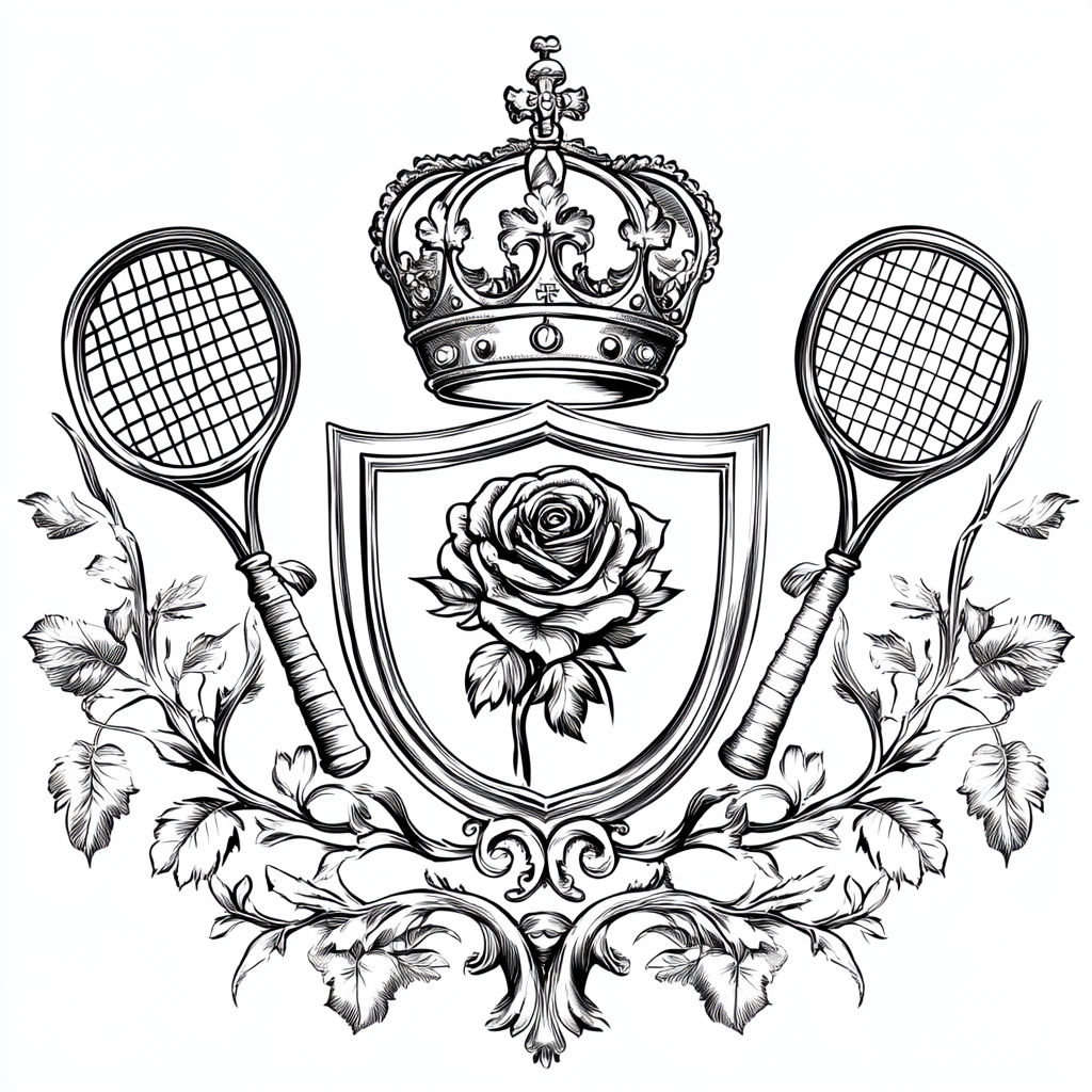 Minimalist Vector Coat of Arms: Rose, Crown, Tennis Rackets