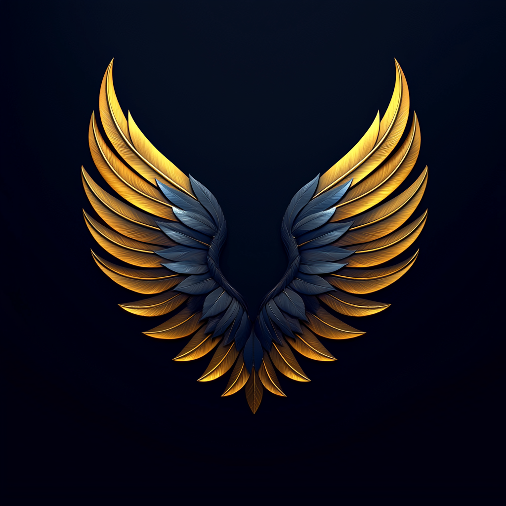 Minimalist angel wings logo with metallic accents.