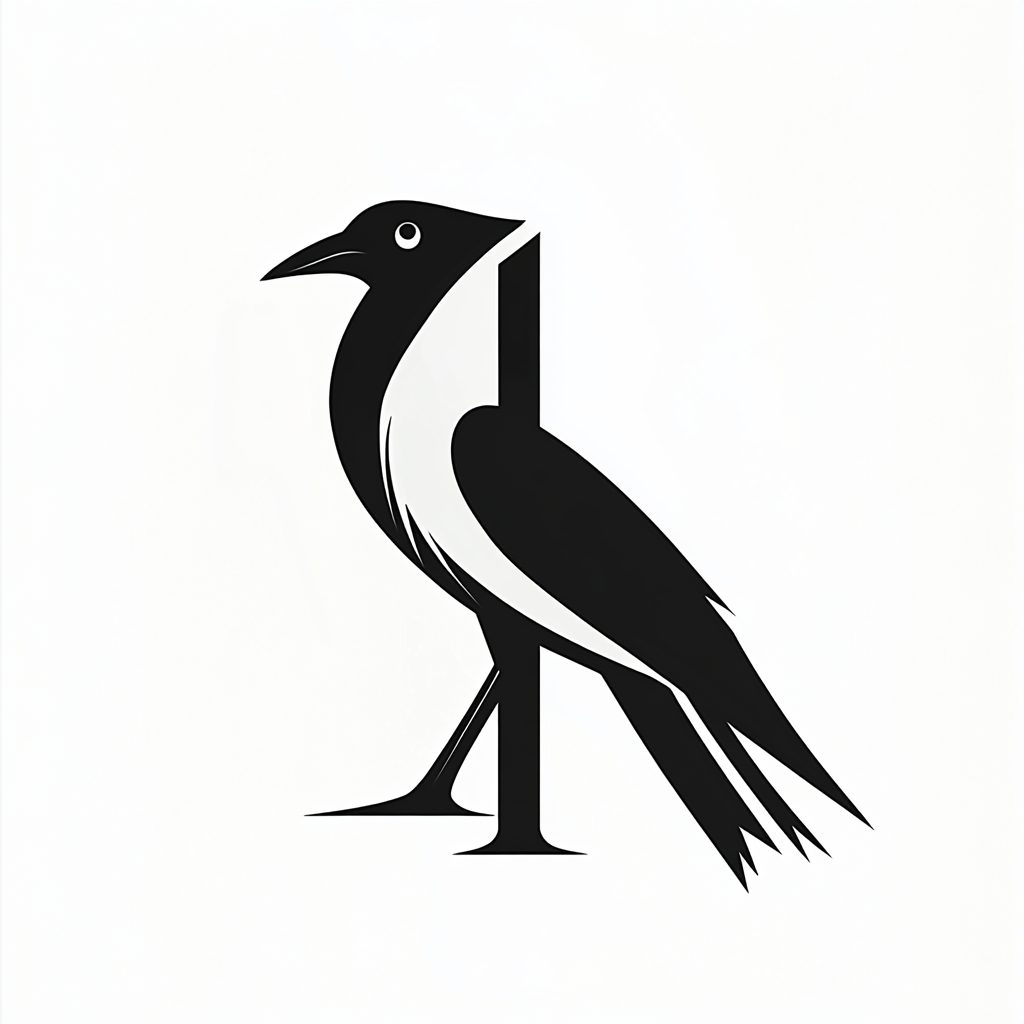 Minimalist black and white crow logo with number one.