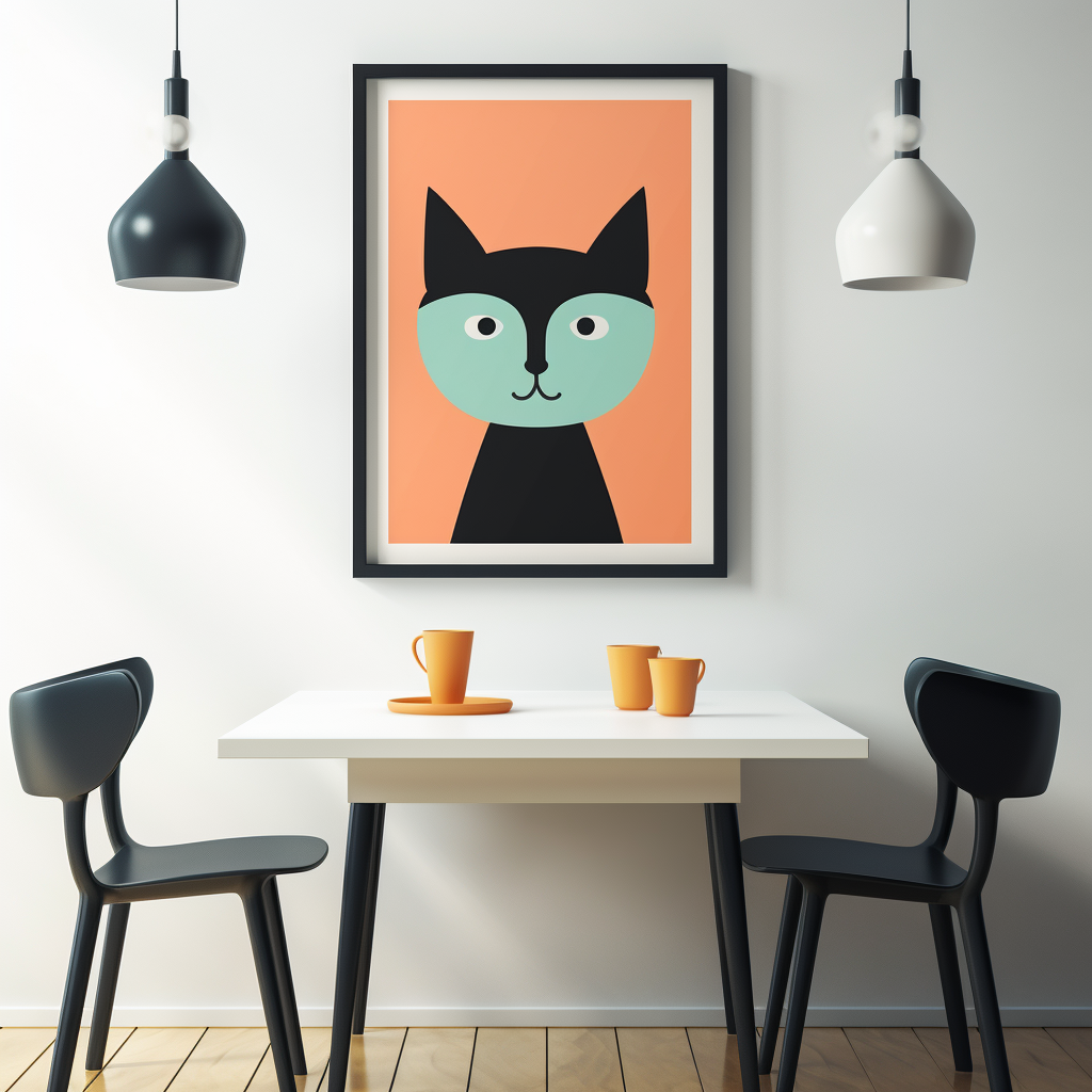 Minimalist black cat with yellow eyes at table.