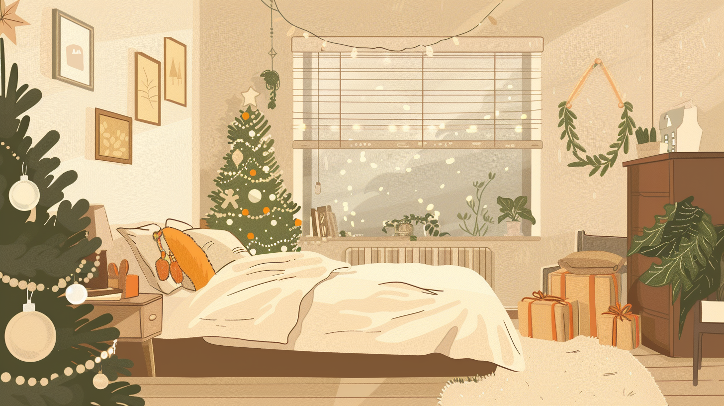 Minimalist cartoon bedroom with cozy Christmas decorations and lighting.