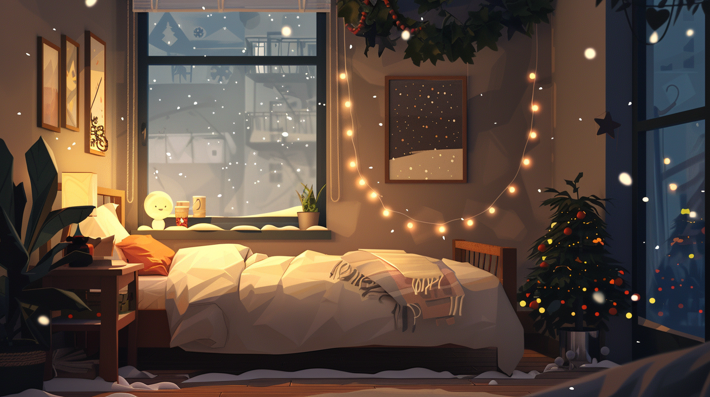 Minimalist cartoon bedroom with neutral bed, snowy Christmas decorations.