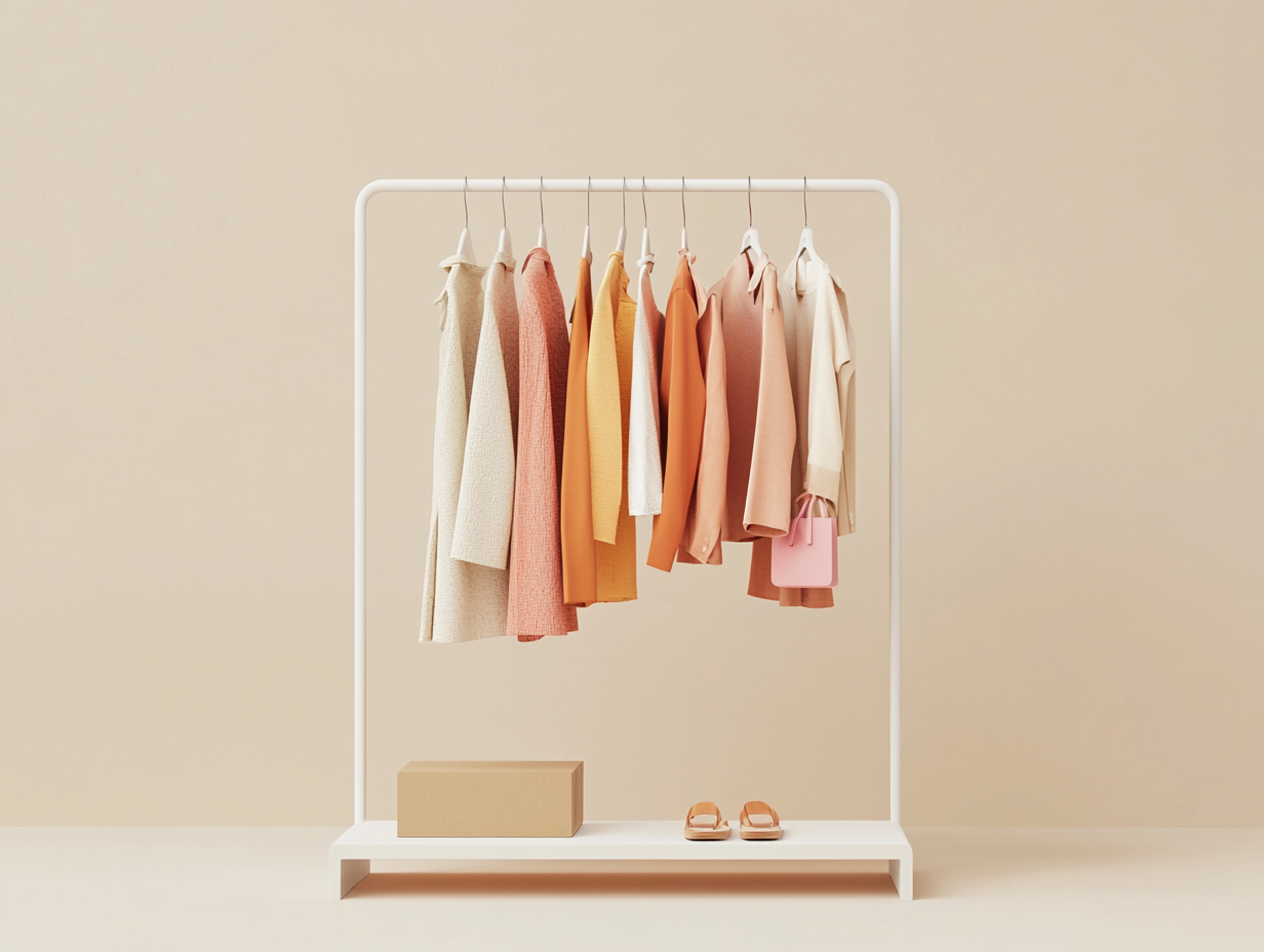 Minimalist clothing display with curated selection in calm space.