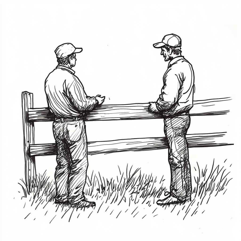 Minimalist comic-style child's drawing of two farmers talking