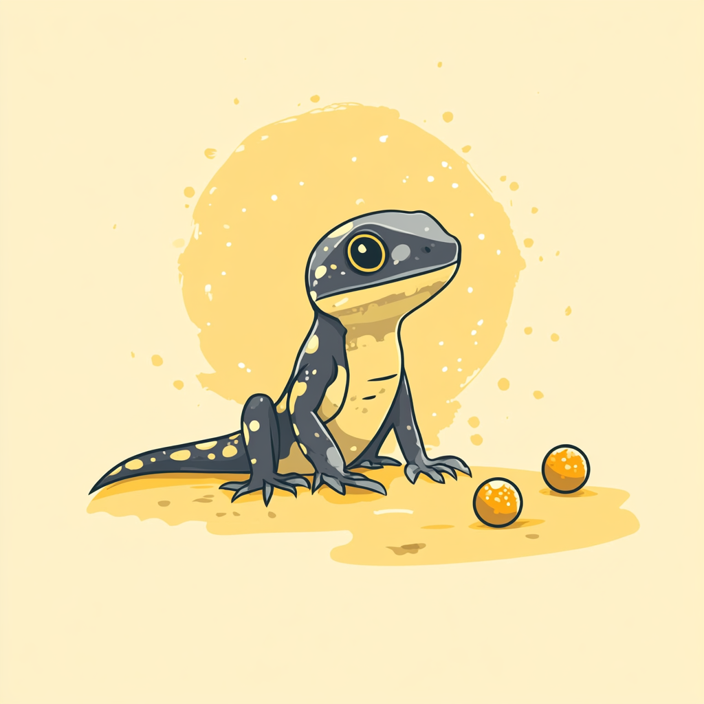 Minimalist cute lizard with balls on light yellow background.