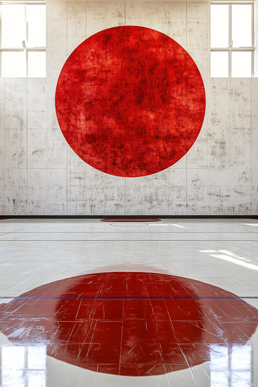 Minimalist full basketball court, Japanese flag design, sleek.