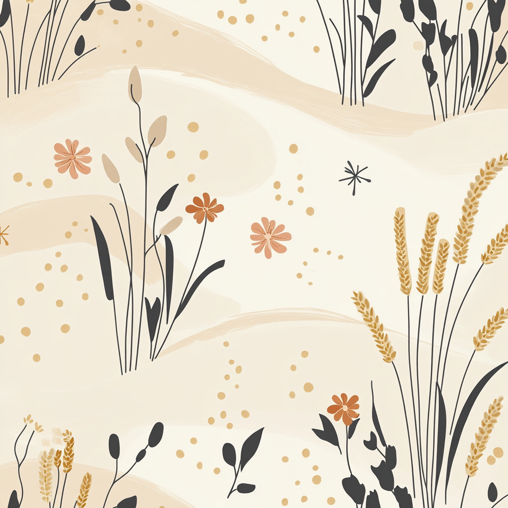 Minimalist hand-drawn pattern with rice grains and wheat stalks.