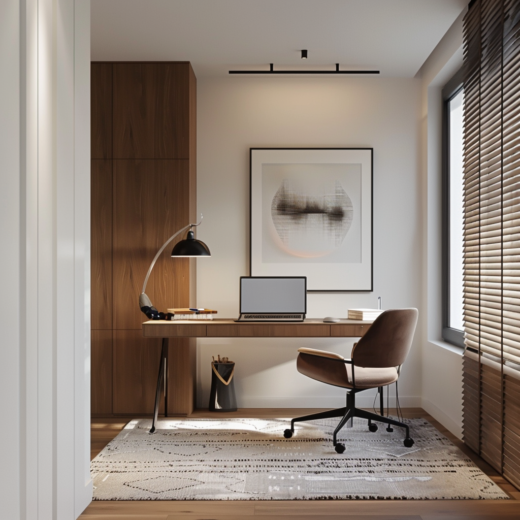 Minimalist home office with walnut desk and modern accents.