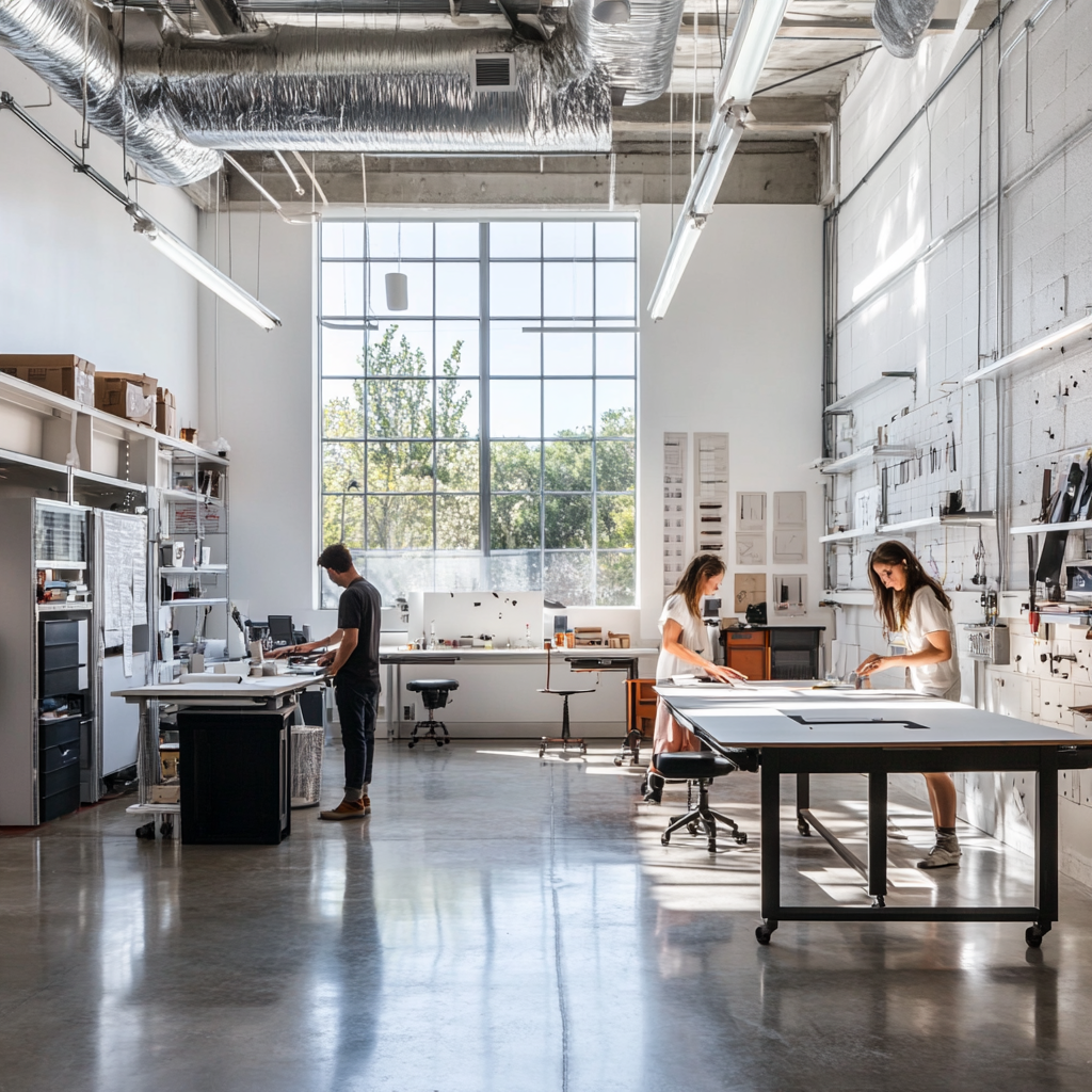 Minimalist industrial design studio with hands-on workstations.