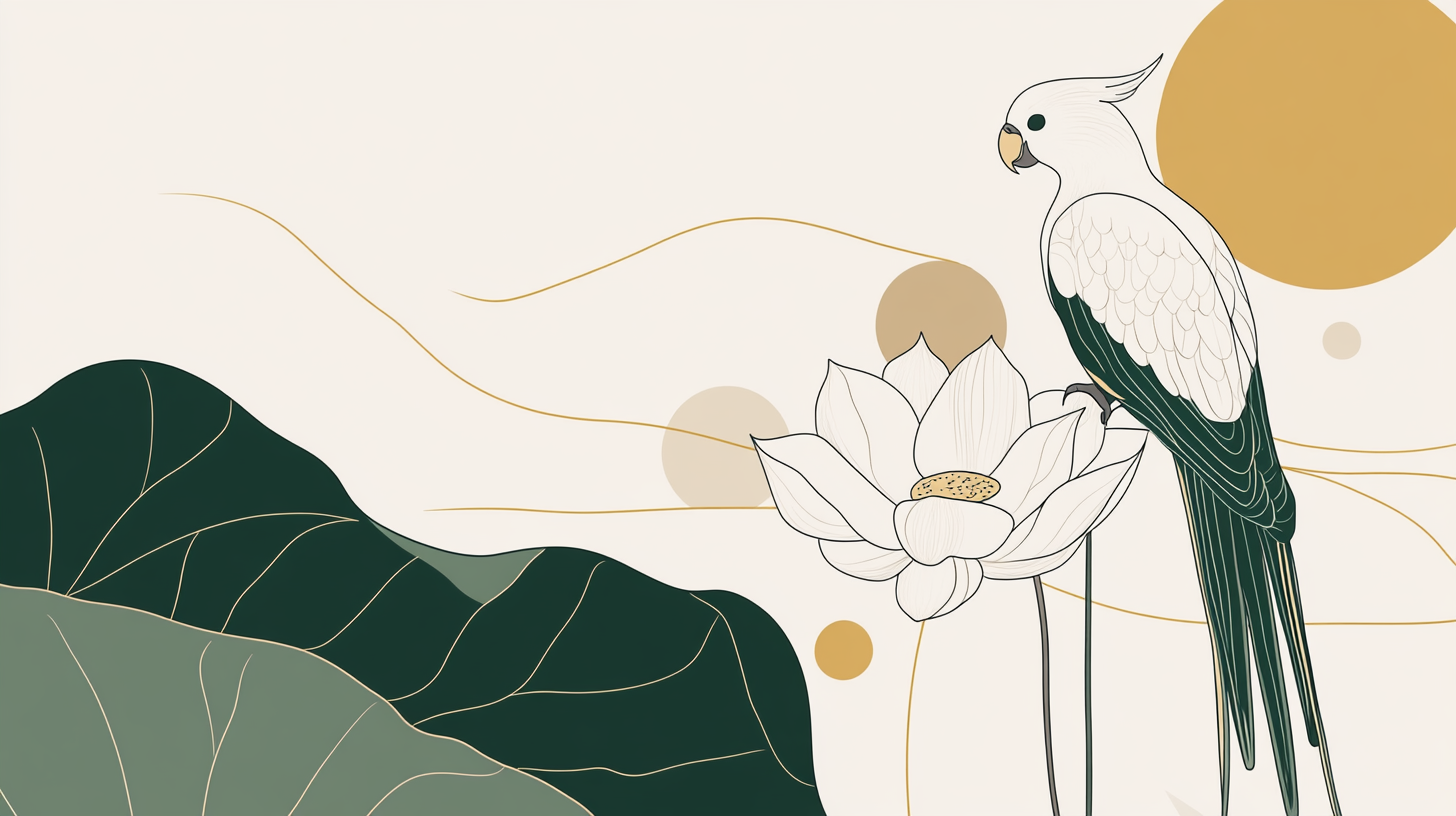 Minimalist line art parrot as Bodhisattva on lotus.