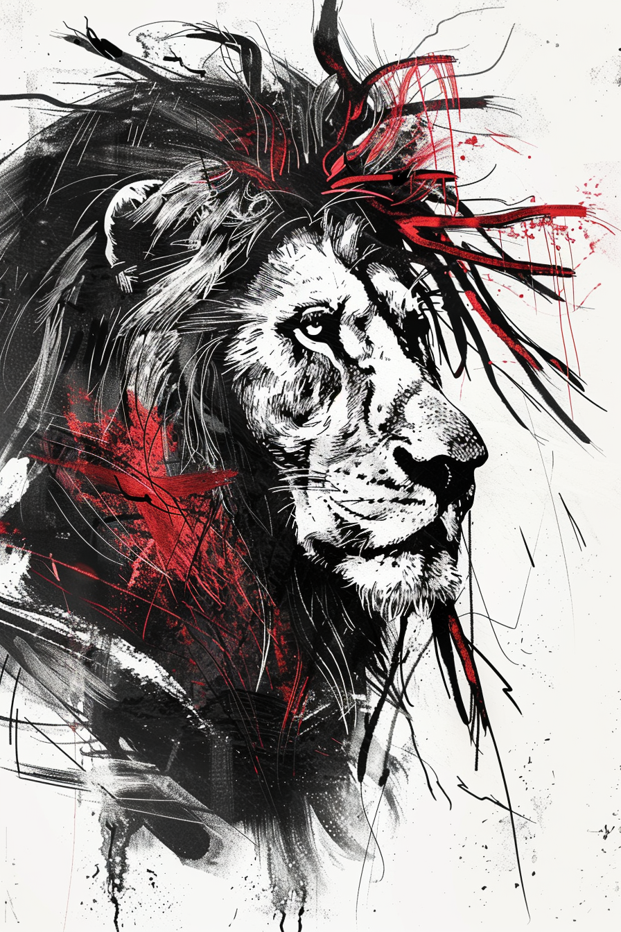 Minimalist lion head drawing with dreadlock mane, black and white.