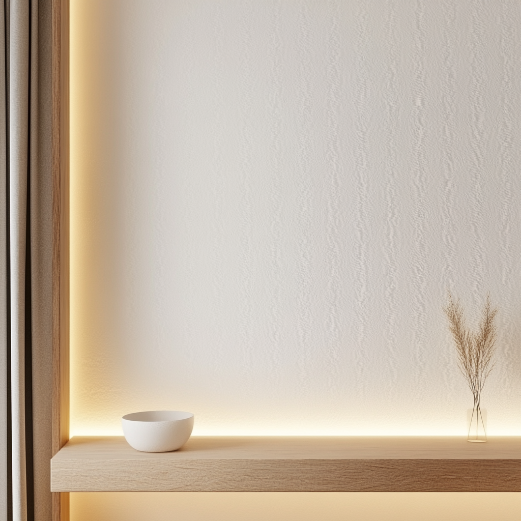 Minimalist living room interior with white wall backdrop.