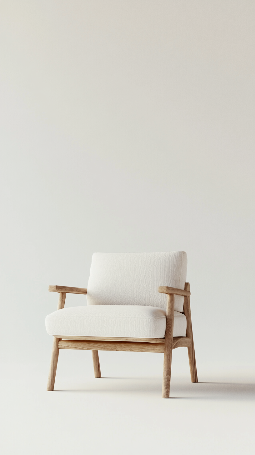 Minimalist modern chair on white background with natural lighting.