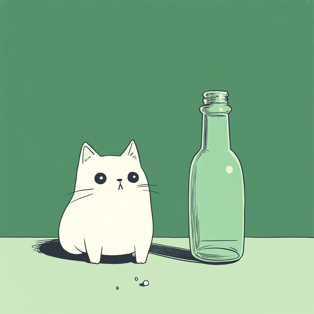 Minimalist pen drawing of cute white cat and bottle.