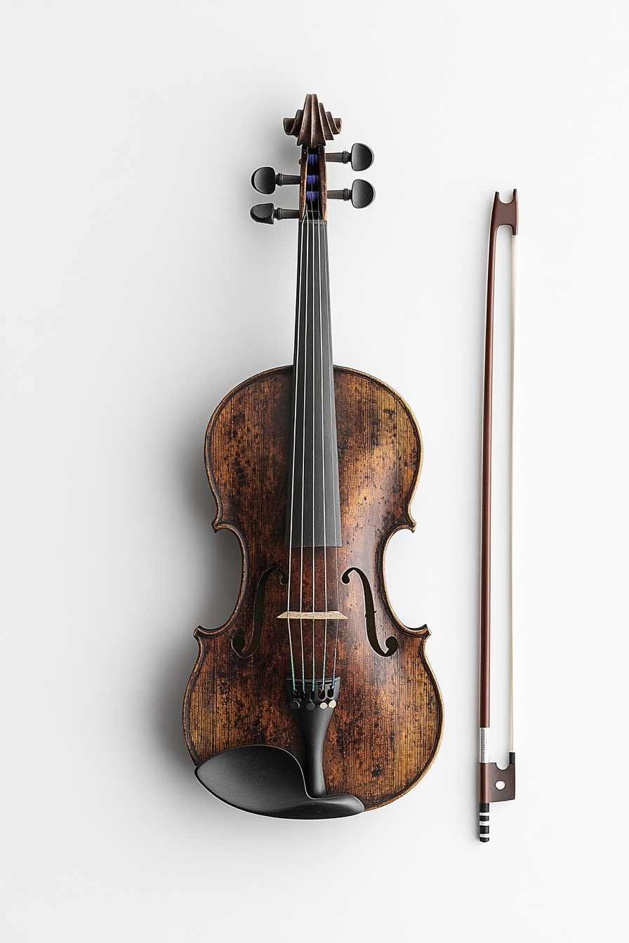 Minimalist photo of violin and bow on white background.