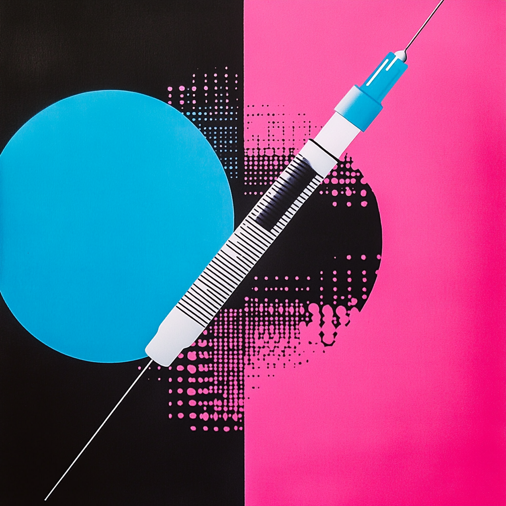 Minimalist pop art inspired collage of testosterone injection.