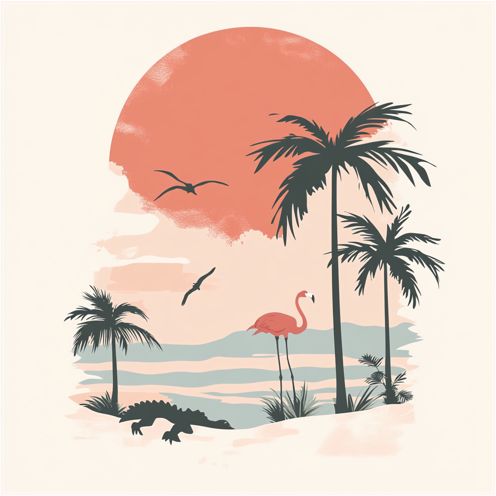 Minimalist retro logo with Miami vibe: palm trees, sun.