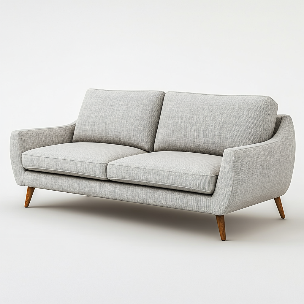 Minimalist-style sofa, light gray fabric, wooden legs.