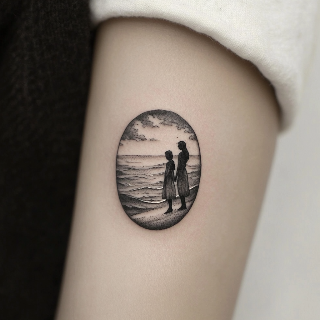 Minimalist tattoo design of two women at ocean edge.