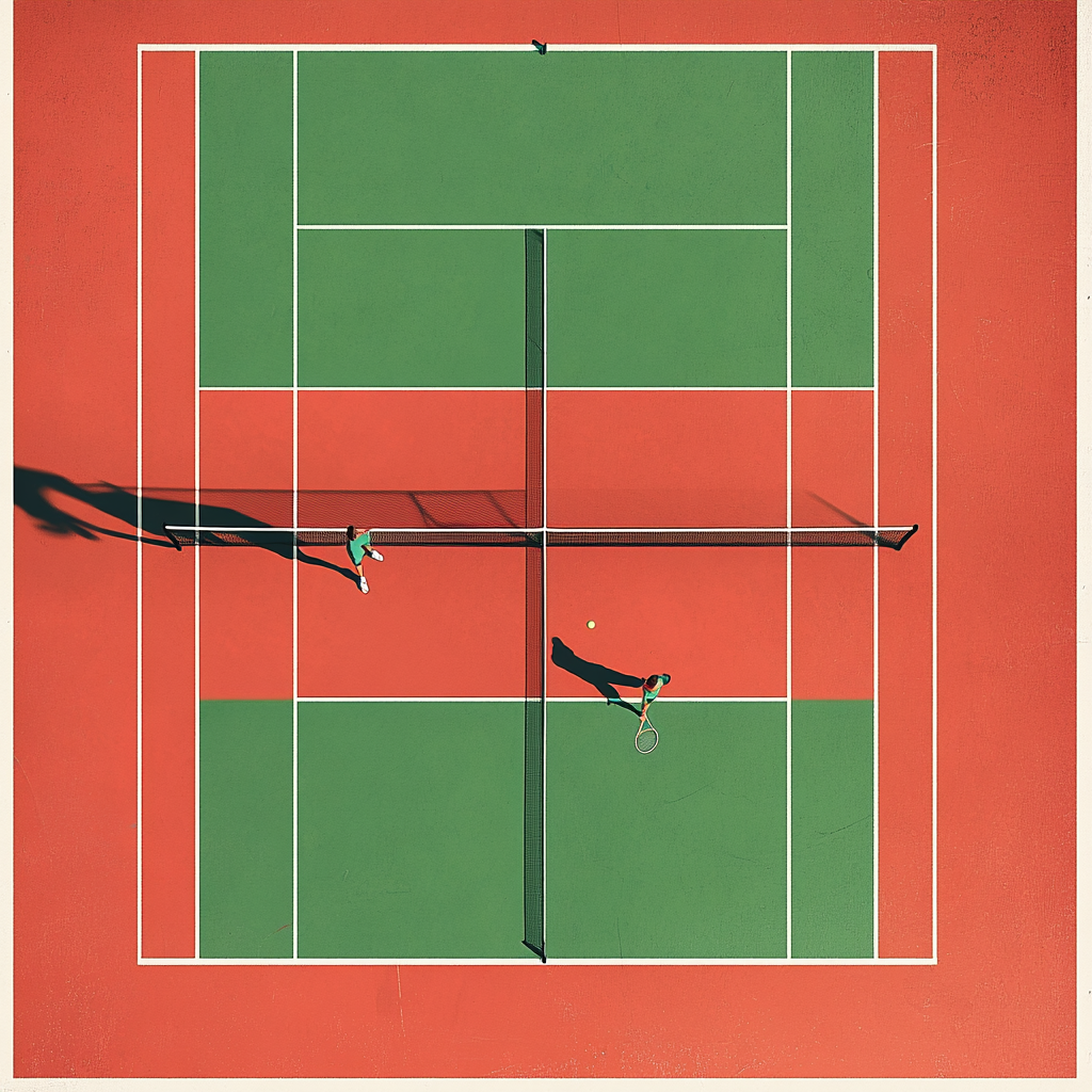 Minimalist tennis court art with players, red background.