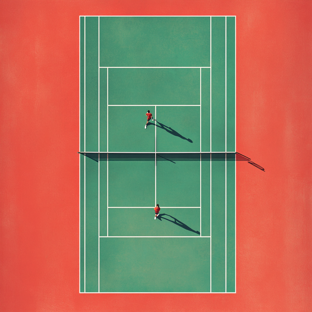 Minimalist tennis court with players on red background design.