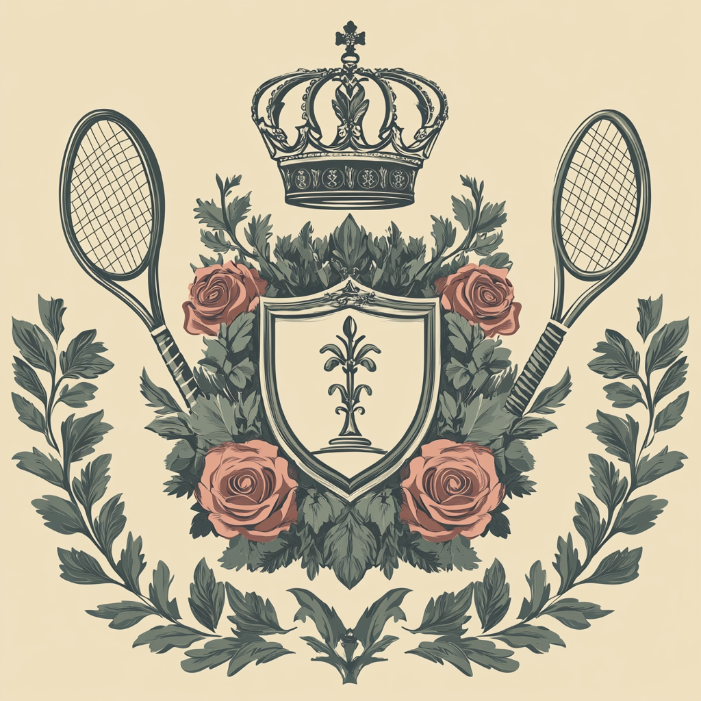 Minimalist vector coat of arms with roses, tiara, and tennis rackets