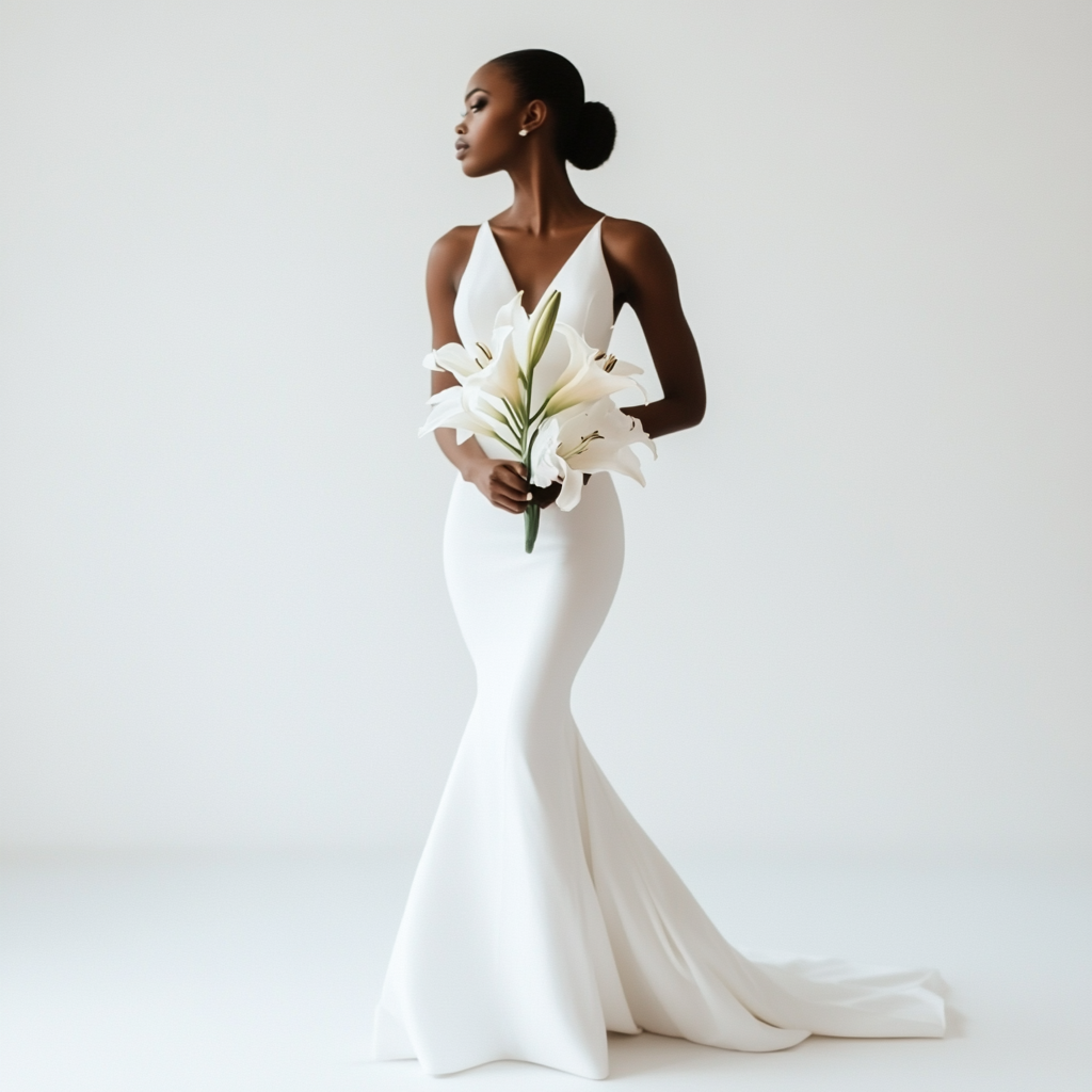 Minimalist wedding dress with slight illusion of white lily.