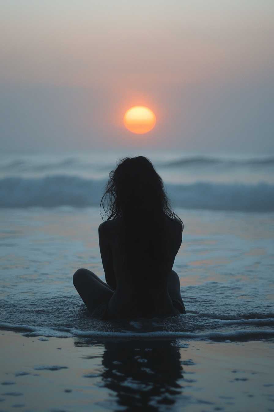 Minimalistic Woman Silhouette Sitting on Beach at Sunset