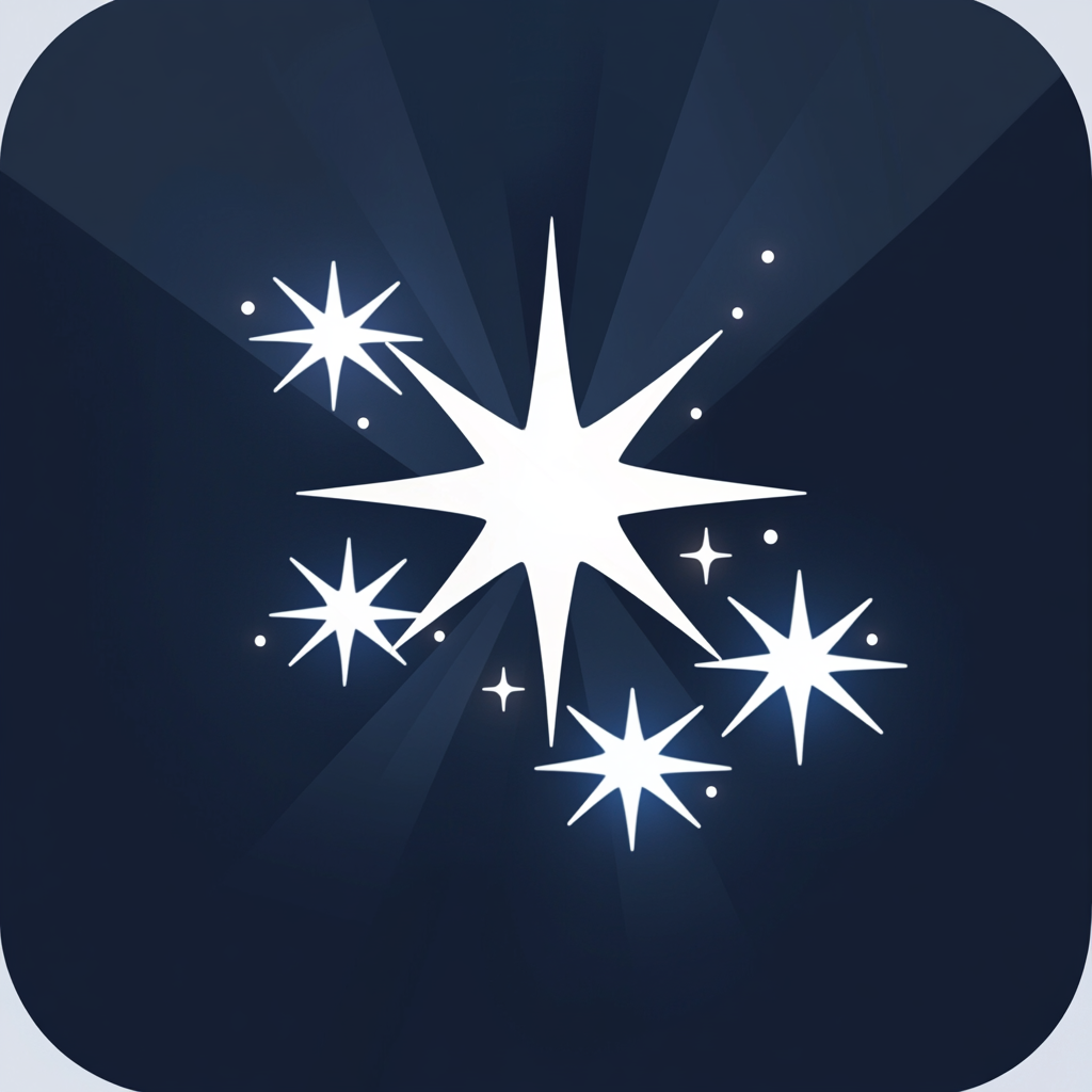 Minimalistic app icon with bright geometric stars on navy-blue.