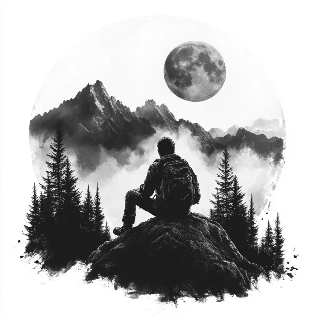 Minimalistic camping logo with man, mountains, and moon.