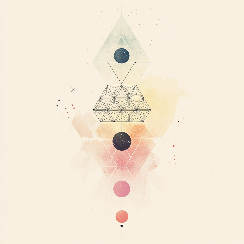 Minimalistic design with sacred geometry in soft pastels and symmetry.