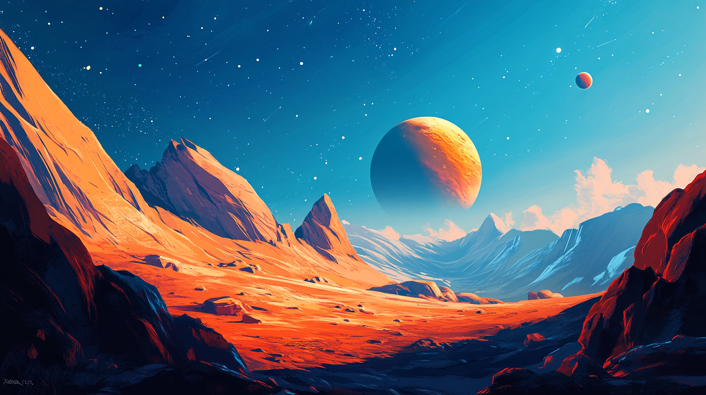 Minimalistic illustration of orange planet in space.