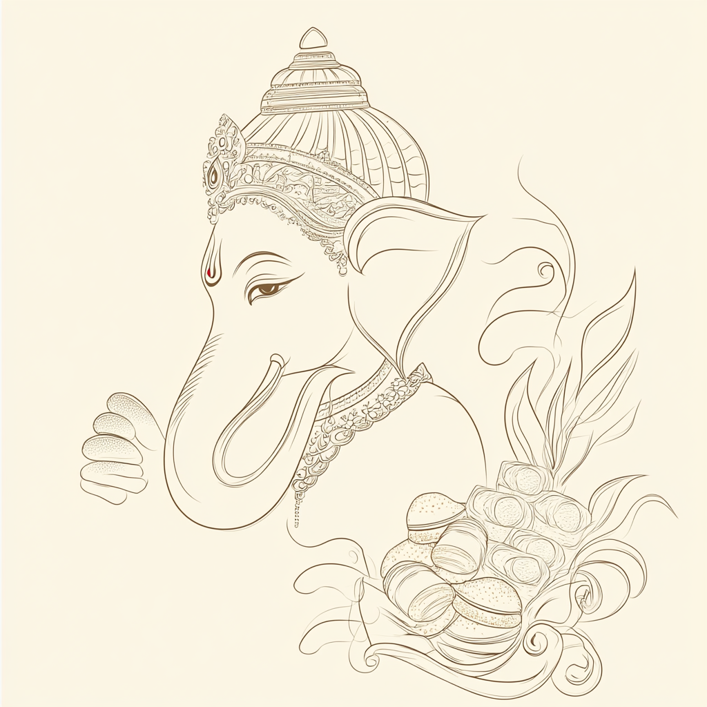 Minimalistic line art of Ganesha, Sweets, balanced composition.