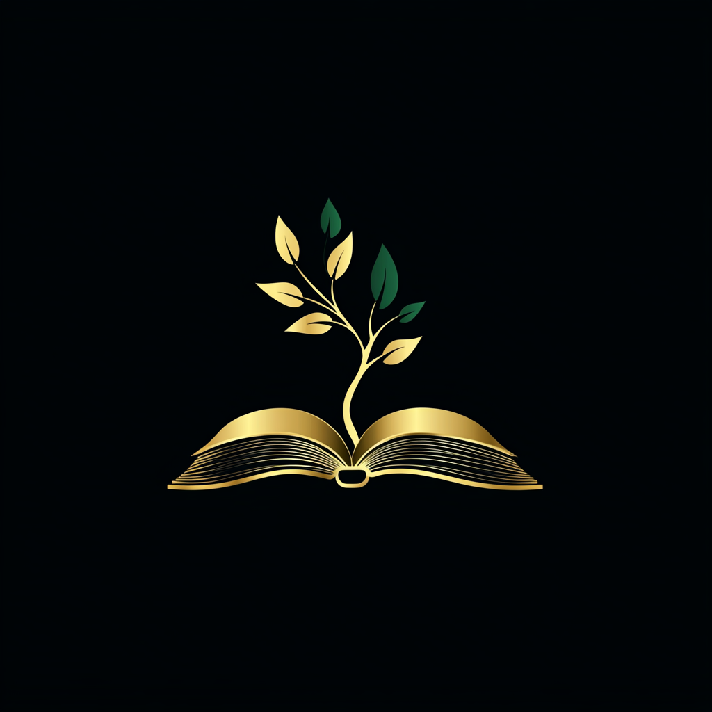 Minimalistic logo: closed book, tree sprouting, gold, green