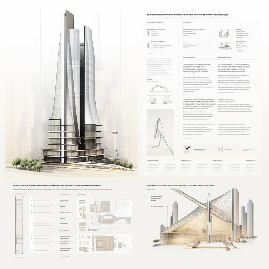 Minimalistic portfolio layout showcasing technical drawings of high-rise building.