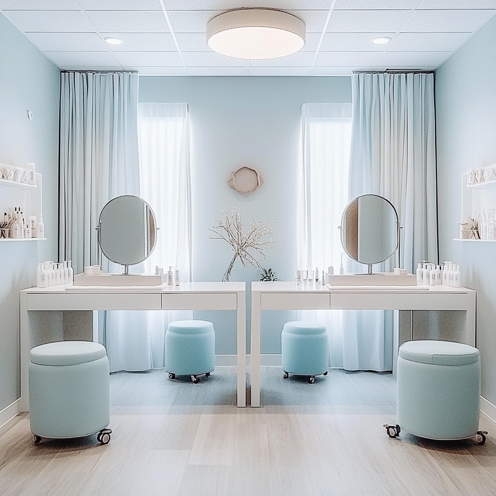 Minimalistic spa room with white nail vanity tables.