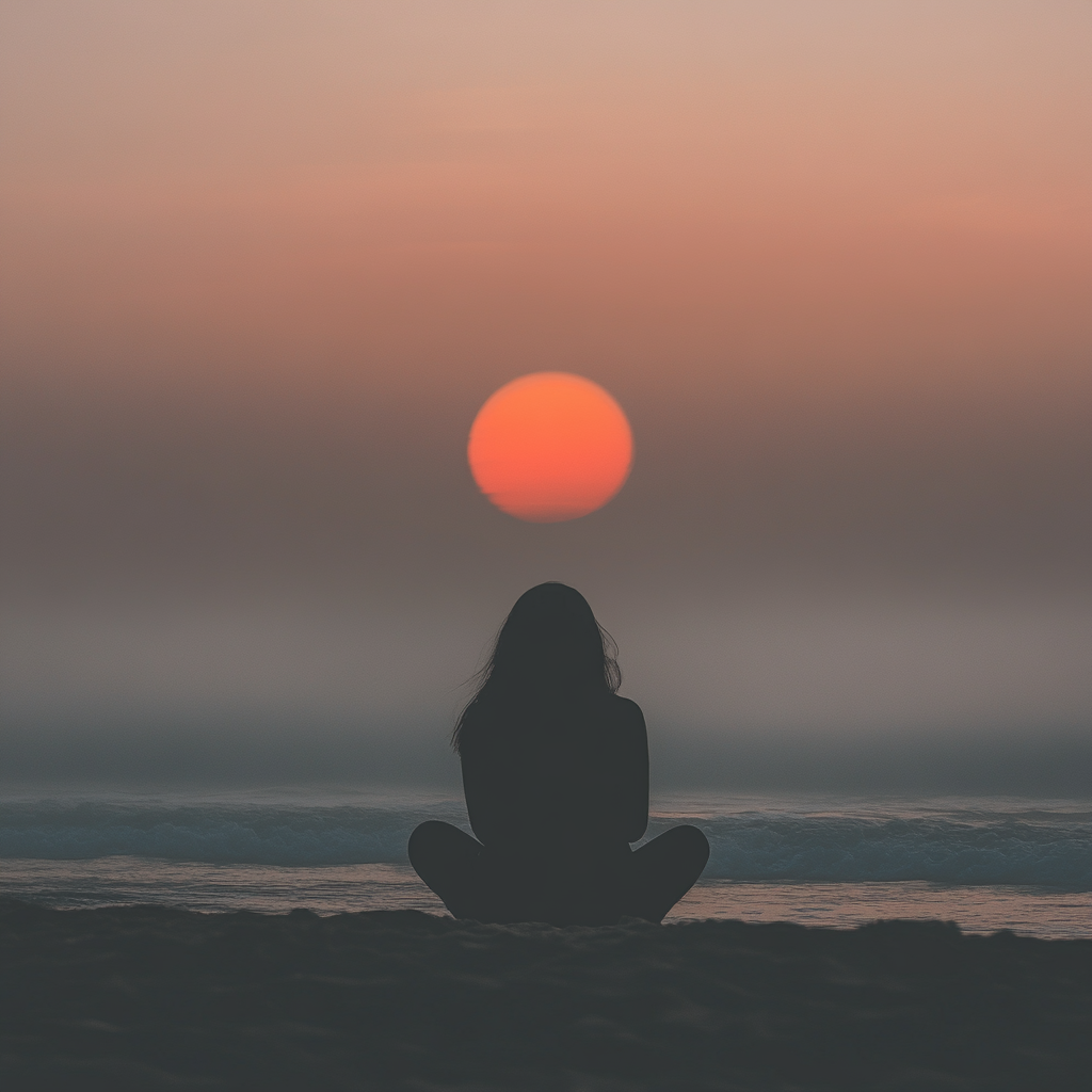 Minimalistic sunset silhouette: woman sitting on beach in fog