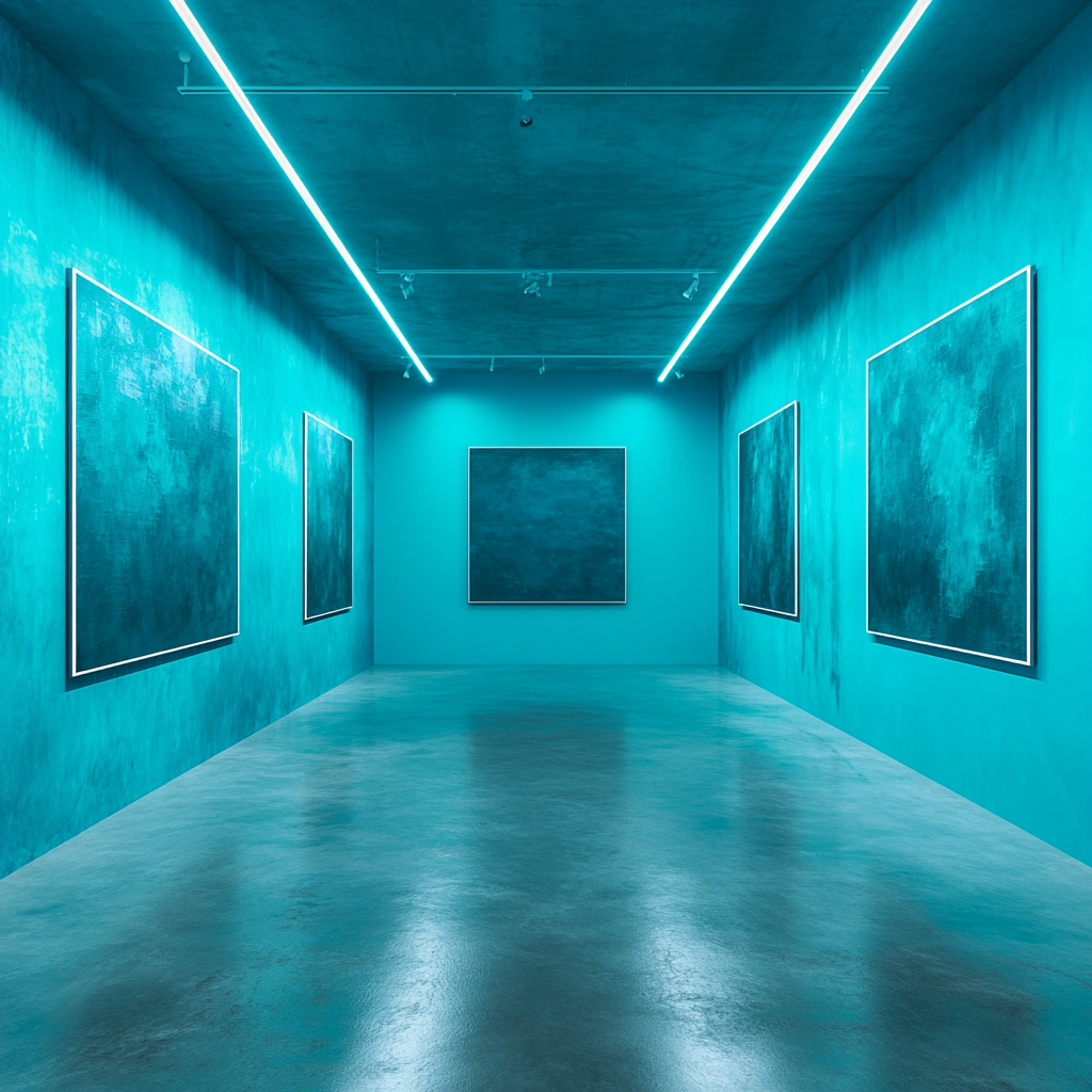 Minimalistic turquoise room with LED lights and abstract painting.