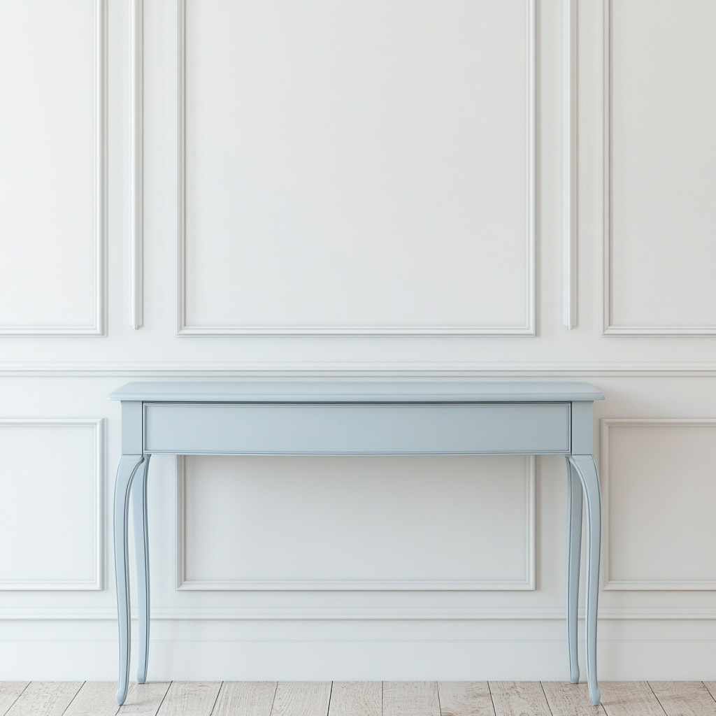 Minimize hall scene: white wall, soft light, vintage table.