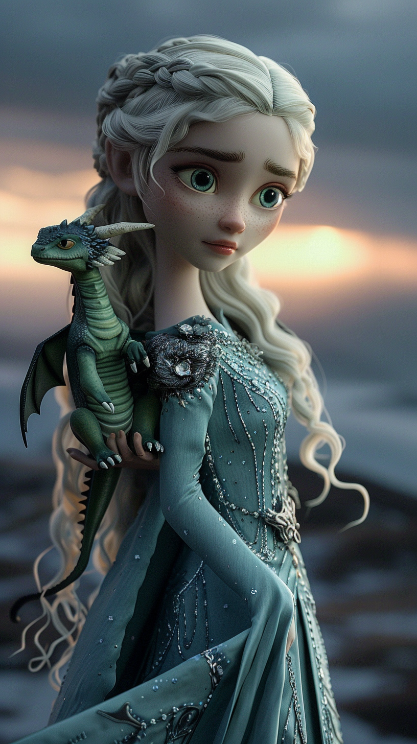 Minion Daenerys in Blue Dress Holding Dragon