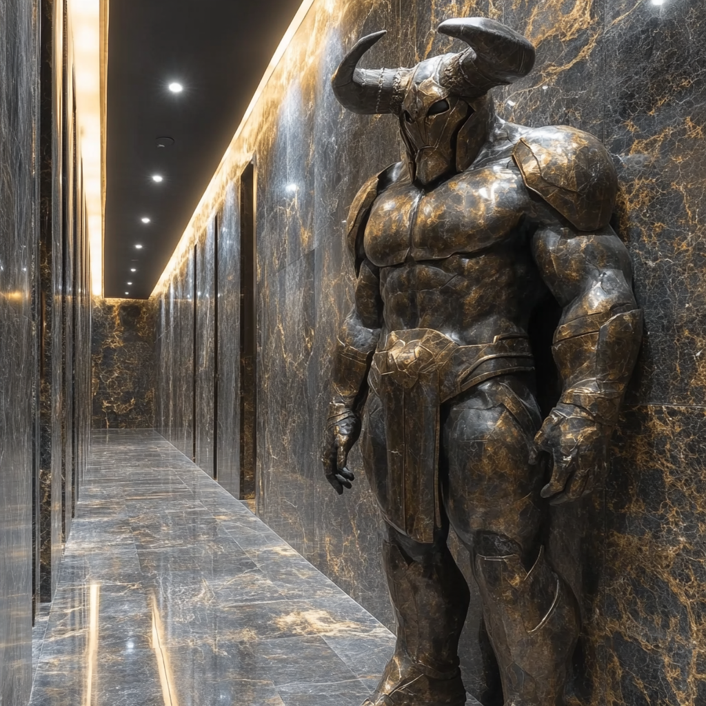 Minotaur standing tall in mirrorlike granite hallway.