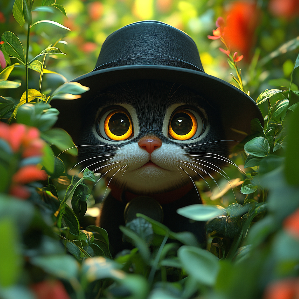 Mischievous calico cat detective investigates garden passage, 3D cartoon.