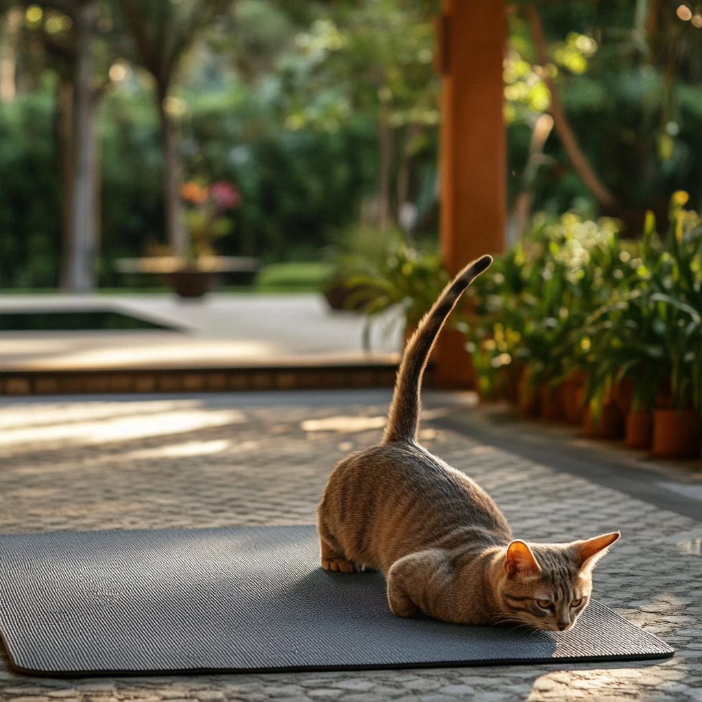 Mischievous cat practicing yoga on stylish outdoor mat.